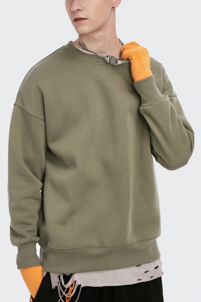 Trendy Thick Sweatshirt Solid Color Crew Neck Long Sleeve Relaxed Fit Pullover Sweatshirt for Men