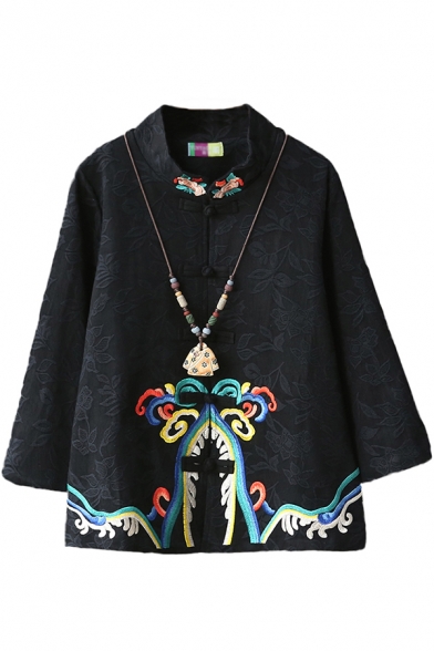 Vintage Women's Coat Embroidery Button-down Stand Collar Long Sleeves Linens Coat