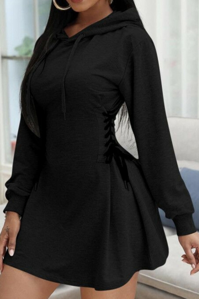 Vintage Womens Dress Plain Side Lace-up Embellished Drawstring Hooded Long Sleeve Slim Fitted Mini A-Line Dress
