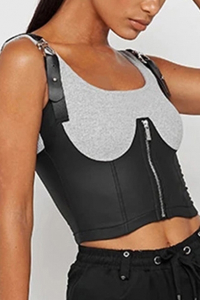 Womens Cami Top Casual Color Block PU Leather Patchwork Zipper Embellished Sleeveless Slim Fitted Cropped Top