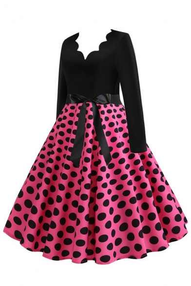Womens Dress Fashionable Polka Dot Pattern Bow Tie Waist Long Sleeve Midi A-Line Slim Fitted Scalloped V Neck Swing Dress
