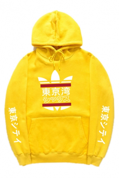 Mens Hooded Sweatshirt Fashionable Japanese Letter Pattern Cuffed Drawstring Long Sleeve Relaxed Fitted Hoodie