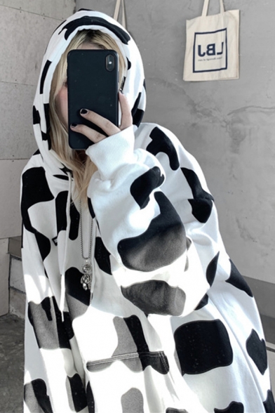 Womens Hooded Sweatshirt Stylish Cow Spot Print Drawstring Kangaroo Pocket Loose Fit Long Sleeve Tunic Hooded Sweatshirt