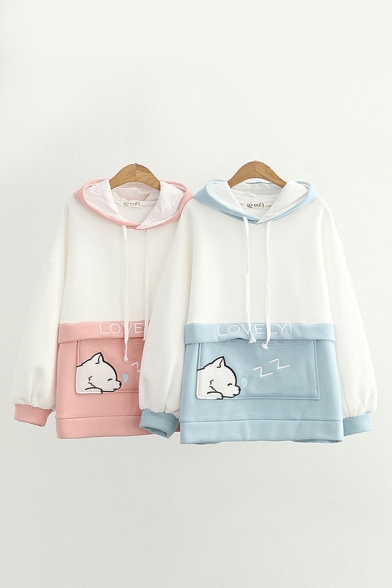 Womens Hooded Sweatshirt Trendy Contrast Cartoon Dog Letter Lovely Embroidered Drawstring Loose Fit Long Sleeve Hooded Sweatshirt
