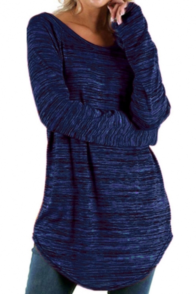 All-Match T-Shirt Space Dye Pattern Asymmetrical Hem Scoop Neck Long Sleeves Tunic T-Shirt for Women