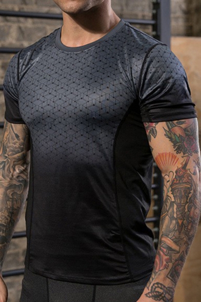 Basic Mens Sport T-Shirt Geometric Pattern Gradient Color Short Sleeve Round Neck Skinny Fitted Quick Dry Tee Top