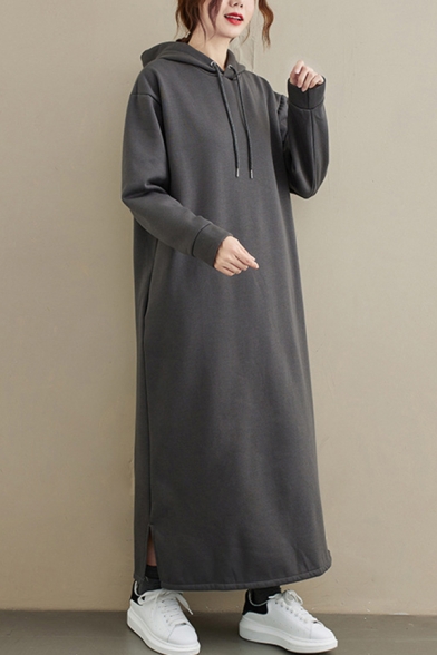 Basic Women's Hoodie dress Dress Solid Color Drawstring Pocket Detail Side Slits Long-sleeved Relaxed Fit Long Hoodie Dress