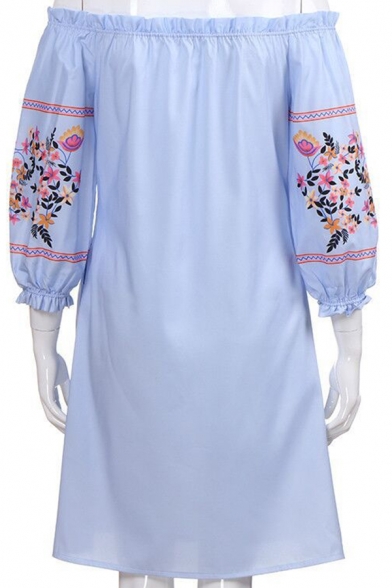 Chic Blue Floral Embroidery Ruffled Off the Shoulder Mini Shift Chambray Dress
