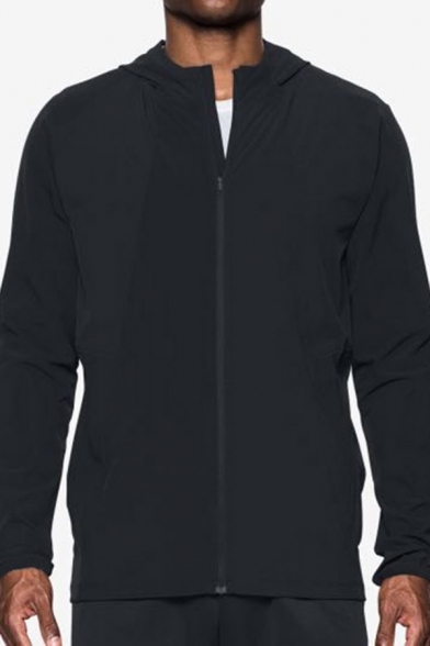 Classic Mens Jacket Solid Color Quick-Dry Stretch Zipper up Hooded Long Sleeve Slim Fit Workout Jacket