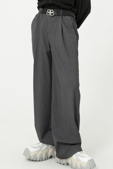 Cool Mens Pants Partially Elastic Waist Zipper Fly Long Loose Fitted Wide Leg Tailored Pants