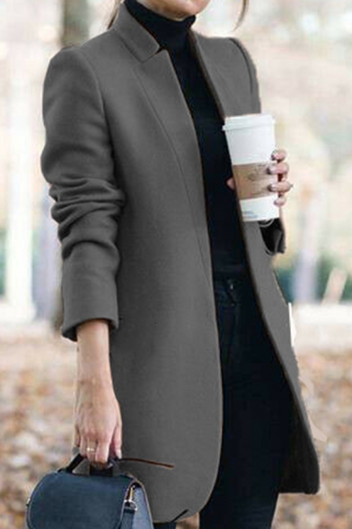 Elegant Coat Open Front Solid Color Collarless Fitted Wool Coat for Women