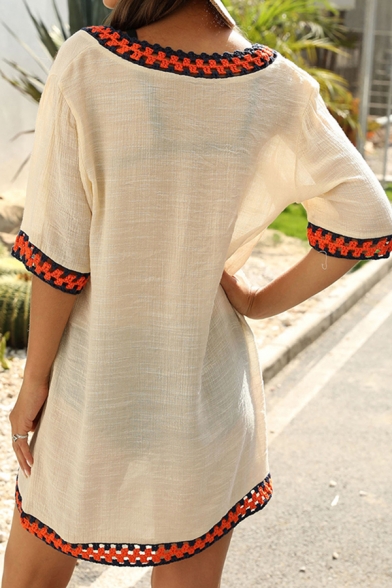 Girls Resort Mini Dress Geometric-Knit Trim Plain Transparent V-Neck Half Sleeve Shirt Dress