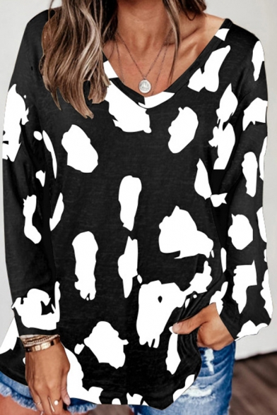 Leisure Women's T-Shirt All over Leopard Printed V Neck Long Sleeve Loose Fit Tee Top