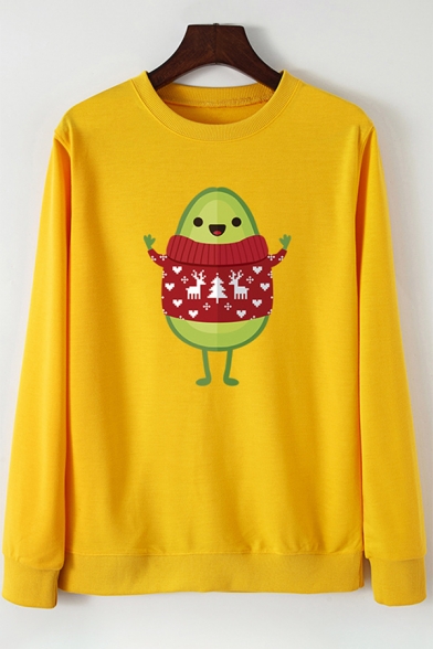 Lovely Christmas Cartoon Avocado Print Long Sleeve Crewneck Loose Pullover Sweatshirt