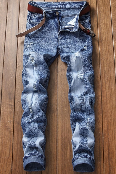 Men's Hot Fashion Snow Washed Blue Stretched Slim Fit Jeans