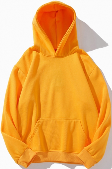 Mens Sweatshirt Unique Solid Color Thick Rib Hem Drawstring Kangaroo Pocket Loose Fit Long Sleeve Hooded Sweatshirt