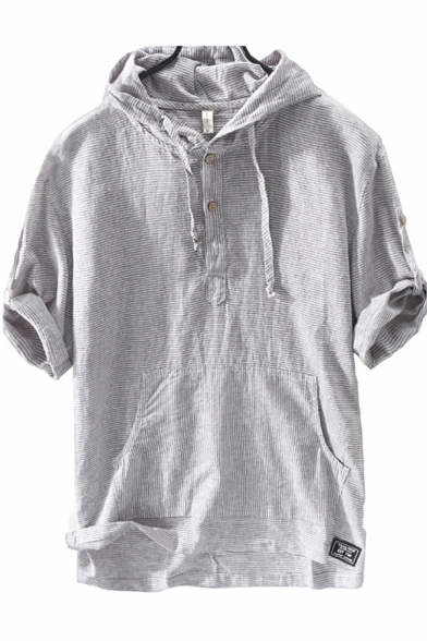 Mens Tee Top Simple Pinstripe Pattern Cotton Linen Roll-Tab Detail Regular Fit Half Sleeve Hooded T-Shirt