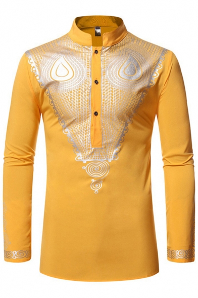 Fieer Mens T-Shirts Regular-Fit Gilded Stand Collar African Long Sleeve Shirts 