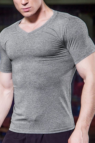 Novelty Mens Sport Tee Top Solid Color Quick-Dry Stretch Skinny Fitted V Neck Short Sleeve T-Shirt