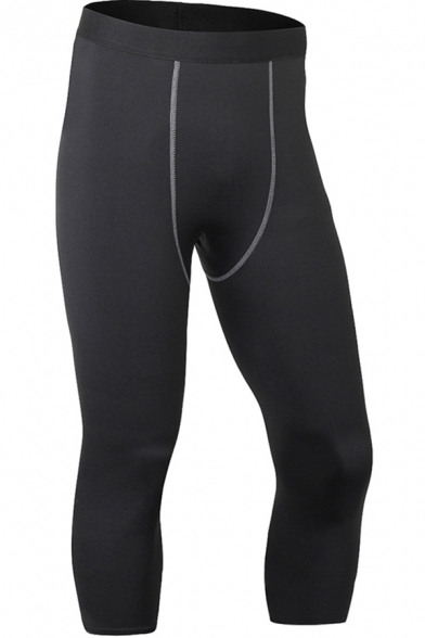 Retro Mens Pants Contrast-Waistband Flatlock Seam Quick Dry Skinny Fitted Capri Sport Pants