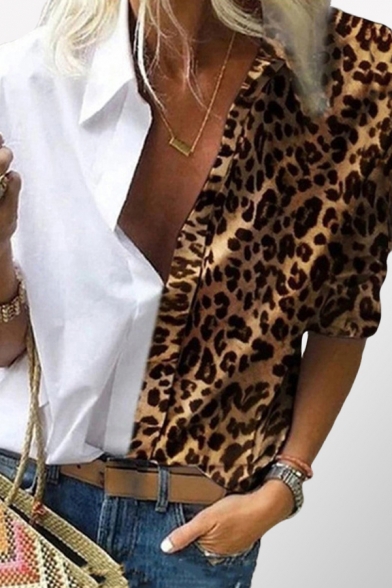 Sexy Women's Blouse Contrast Color Leopard Printed Button-down Collared Long Sleeves Blouse