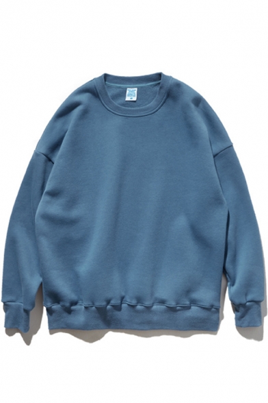 Trendy Thick Sweatshirt Solid Color Crew Neck Long Sleeve Relaxed Fit Pullover Sweatshirt for Men