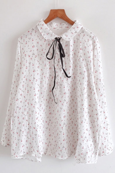 Unique Womens Shirt Ditsy Floral Print Tie Detail Button up Doll Collar Long Sleeve Loose Fit Shirt