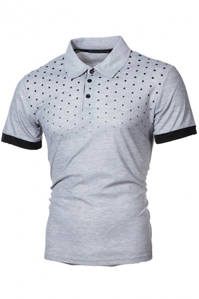 Vintage Mens Polo Shirt Dot Print Turn-down Collar Button Detail Short Sleeve Slim Fit Polo Shirt