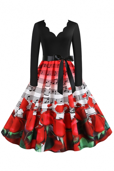 Vintage Womens Dress Sheet Music Rose Cat Heart Pattern Bow Tie Waist Midi A-Line Slim Fitted Scalloped V Neck Long Sleeve Swing Dress