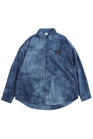 All-Match Shirt Tie Dye Pattern Long-sleeved Button down Point Collar Fitted Shirt for Men