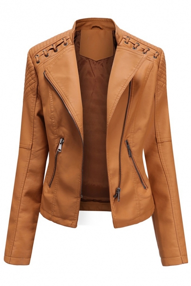 Classic Womens Jacket Plain Thin Zipper up Notched Lapel Collar Long Sleeve Slim Fit Leather Jacket