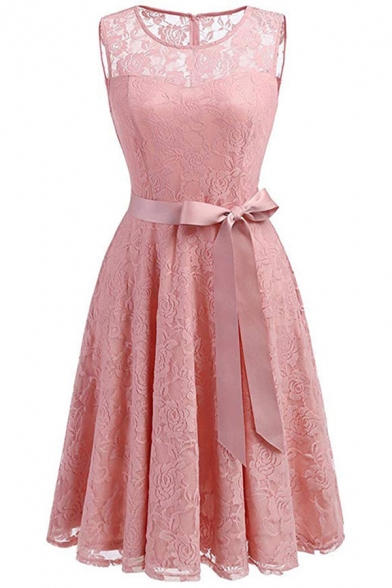 Elegant Floral Lace Panel Bow Belted Plain Patchwork Midi Fit & Flare Dress
