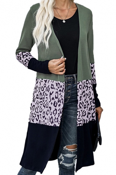 Fashionable Womens Cardigan Open Front Leopard Pattern Patchwork Long Sleeve Round Neck Fitted Cardigan