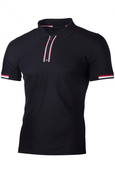 Mens Polo Shirt Trendy Stripe Pattern Zipper Detail Turn-down Collar Slim Fit Short Sleeve Polo Shirt