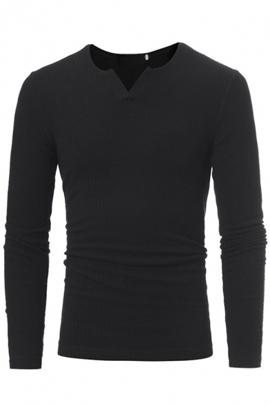 Mens Sweater Fashionable Plain Rib Knitted Modal Slim Fitted Long Sleeve Split Neck Sweater