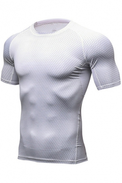 Mens T-Shirt Chic 3D Geometric Pattern Quick-Dry Stretch Skinny Fitted Short Sleeve Crew Neck Breathable Tee Top