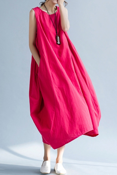 Popular Women's Tank Dress Solid Color Side Pockets Asymmetrical Round Neck Sleeveless Oversized Long Tank Dress