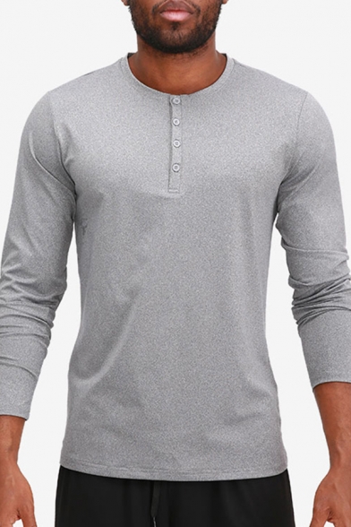 Retro Mens Tee Top Plain Button Detail Quick Dry Slim Fitted Long Sleeve Crew Neck Tee Top