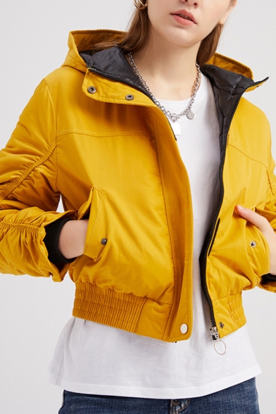 Retro Womens Jacket Velcro Placket Zipper up Hooded Slim Fit Cropped Long Sleeve Padded Jacket