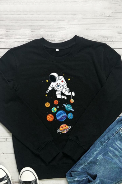 Retro Womens Tee Top Astronaut Planet Star Pattern Regular Fitted Long Sleeve Crew Neck Tee Top
