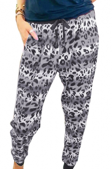 Stylish Pants Leopard Pattern Ankle-Tied Drawstring Waist Pants for Women