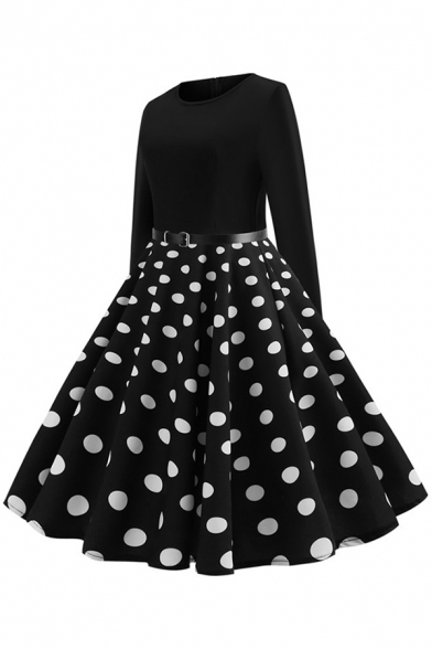 Unique Womens Dress Polka Dot Butterfly Rose Checkered Potted Cactus Print Buckle Belted Crew Neck Long Sleeve A-Line Slim Fit Midi Swing Dress