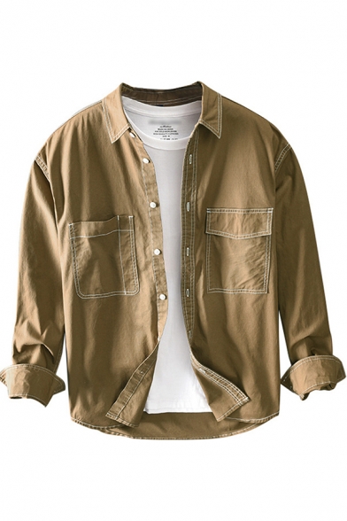 Vintage Mens Shirt Contrast Topstitching Chest Pockets Cotton Point Collar Button Detail Regular Fit Long Sleeve Cargo Shirt