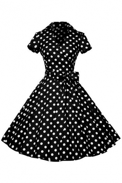 Womens Dress Casual Polka Dot Pattern Bow Tie Waist Midi A-Line Slim Fitted Surplice Neck Short Sleeve Swing Dress