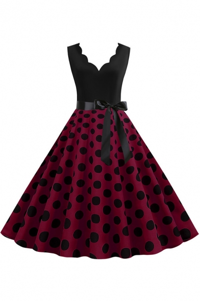 Womens Dress Casual Polka Dot Pattern Bow-Tie Waist Scalloped V Neck Sleeveless Slim Fitted Midi A-Line Swing Dress