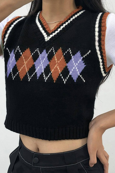 Womens Sweater Vest Simple Rhombus Jacquard Stripe Trim Regular Fit  Sleeveless V Neck Cropped Sweater Vest