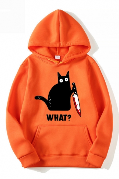 Classic Womens Hoodie Cat Knife Letter What Pattern Kangaroo Pocket Drawstring Long Sleeve Relaxed Fitted Hoodie