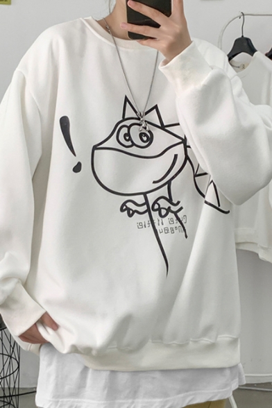 Basic Mens Sweatshirt Cartoon Monster Letter Print Round Neck Drop Shoulder Long Sleeve Loose Fit Pullover Sweatshirt