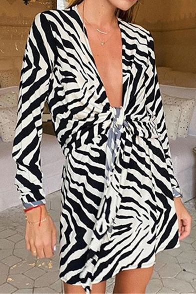 Basic Womens Dress Zebra Stripe Pattern Tie Front Deep V Neck Long Sleeve Slim Fitted Mini Bodycon Dress