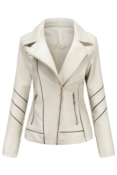 Basic Womens Jacket Contrast Panel Thin Zipper Detail Long Sleeve Notched Lapel Collar Slim Fit PU Leather Jacket